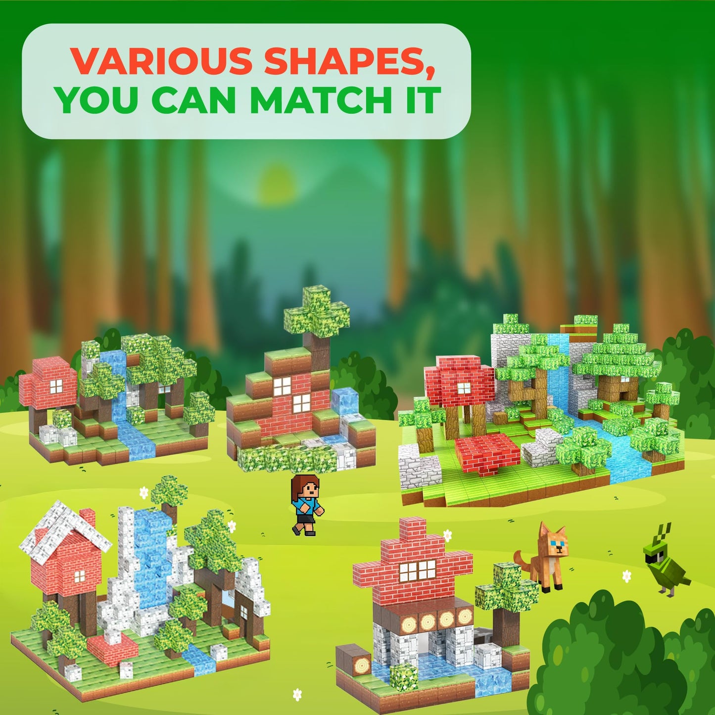 FEBABU 154PCS Magnetic Blocks - Build Animal Forest Set, Magnetic Tiles Building for Boys & Girls Age 3-8, STEM Montessori Sensory Toys for Toddlers Kids Gifts for 3+ Years Old, Construction Toy