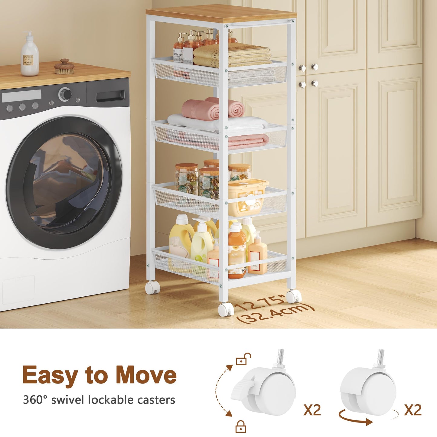 Hoctieon Rolling Storage Cart, 5-Tier 11.8" Wide Rolling Kitchen Storage Cart, Utility Cart with Handle & Wheels, Mobile Shelving Unit, Metal Frame Narrow Cart for Home Kitchen, Laundry, Oak Beige