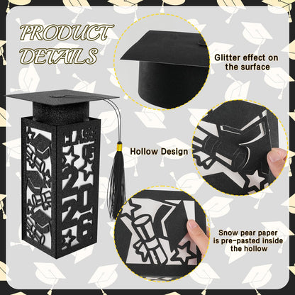 6 Pcs Graduation Table Centerpieces Boxes Class of 2026 Graduation Paper Lanterns Boxes with LED Hollow Out Black for Congrats Grad School College Table Decorations Grad Party Photo Props