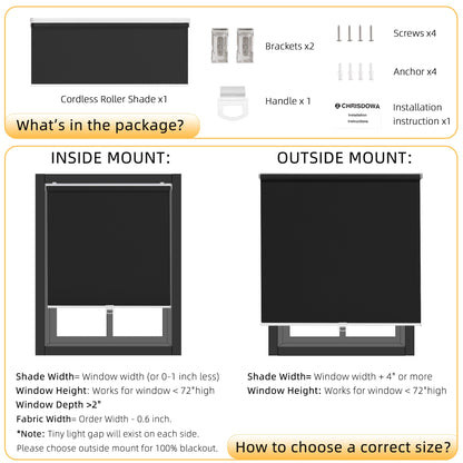 ChrisDowa Cordless Blackout Roller Shades for Windows, Thermal Insulated UV Protection Pull Down Shades, Total Blackout Window Blinds for Home, Office, Bedroom, Door (22" W x 72" H, Black)