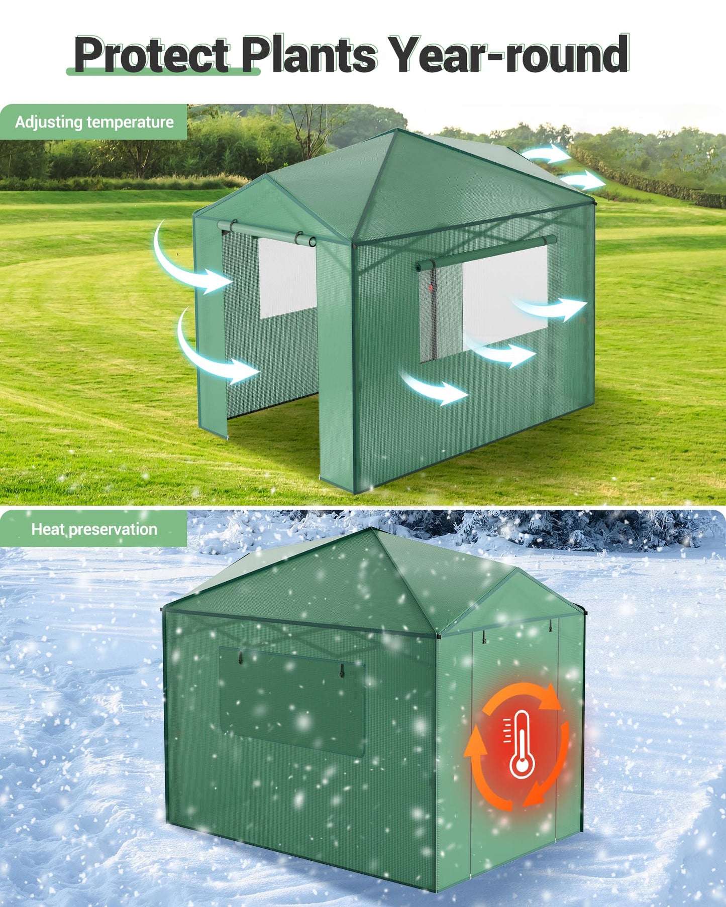 6x8 FT Pop-Up Greenhouse with Durable PE Cover, 96"x144" Large Grow Tent for All Seasons | Features Zippered Doors & Mesh Windows for Indoor/Outdoor Plants, Easy to Assemble (Green)