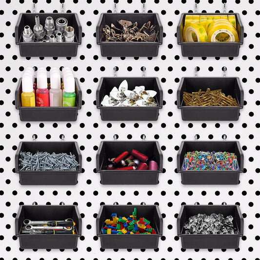 G.CORE 12 Pack Pegboard Bins with Hooks, Peg Board Hooks Assortment Organizer Accessory, Various Tools Storage Arrange System Kit for Garage Craft Workshop Workbench Hobby Office
