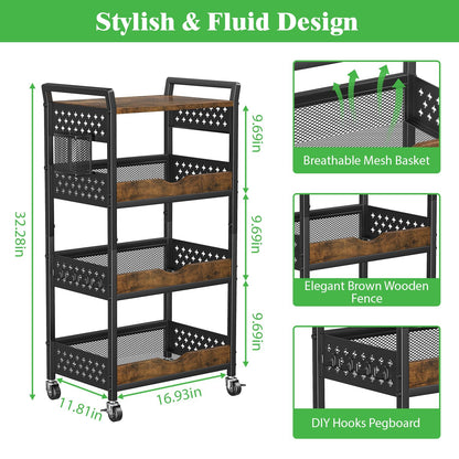 MJIMKE 4-Tier Utility Rolling Cart with Wheels - Kitchen Organizations and Storage Metal Cart, Detachable Fruits Coffee Snacks Art Craft Storage Cart for Bathroom, Pantry & Laundry, Black
