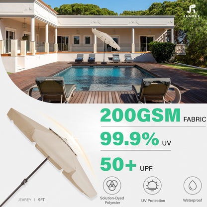 JEAREY 9' 2-Tiers Patio Umbrellas Outdoor Market Table Umbrella w/Push Button Tilt/Crank, 8 Sturdy Ribs, UV Protection Waterproof Sunproof(Beige)
