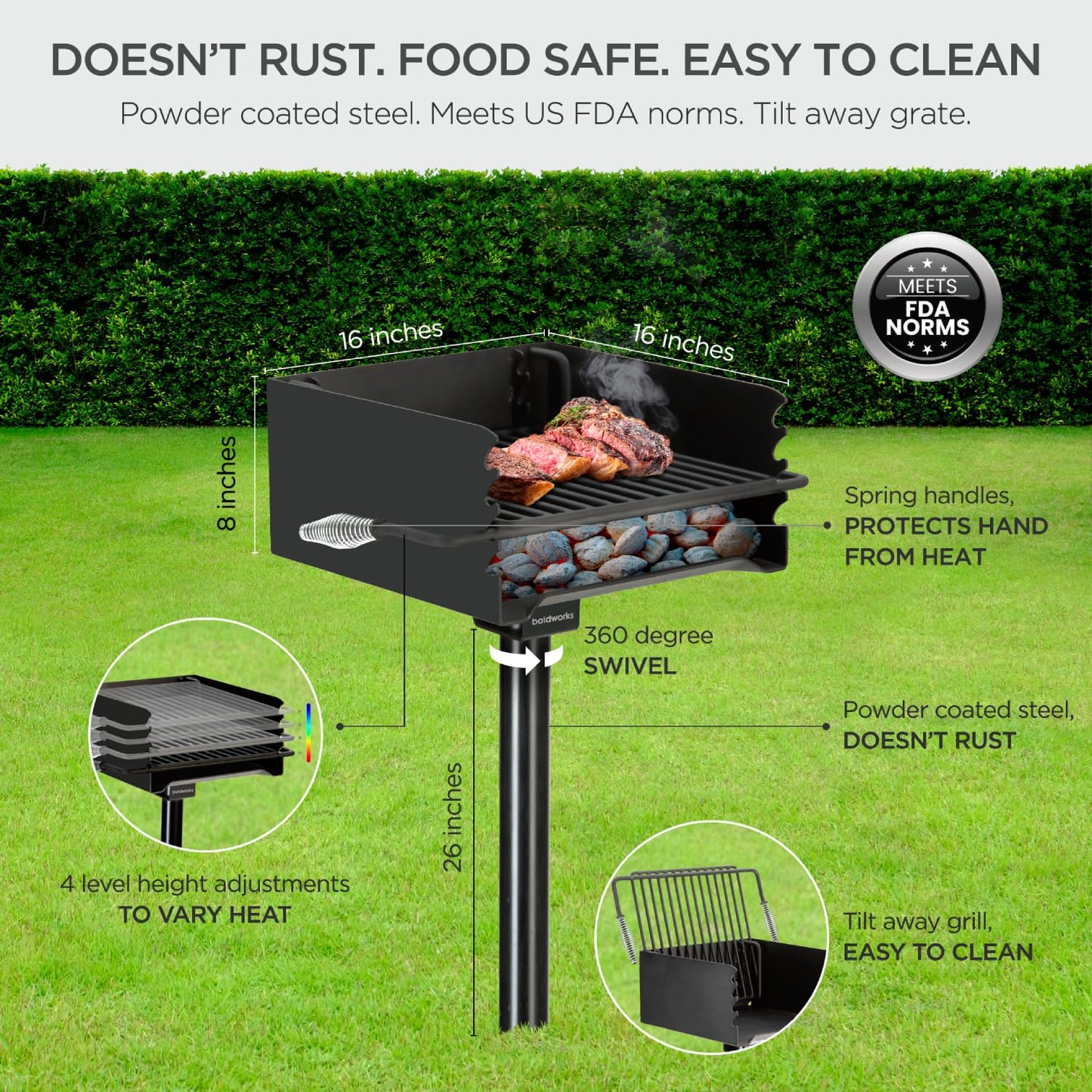 Park Grill Park Style Charcoal Grill In Ground Heavy Duty for Commercial and Outdoor Cooking Rustproof and 360 Degree Swivel 16x16 Inch