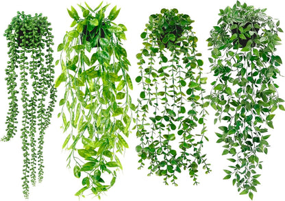 Palonu 4 Pack Faux Artificial Hanging Plants, Fake Potted Greenery with Eucalyptus Vine, Mandala, Pea Pod Leaves & String of Pearls in Pots for Office, Living Room, Bathroom, Indoor & Outdoor Décor