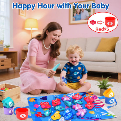 Arovan Montessori Toys for 1 Year Old - Cloth Fishing Game with Stacking Cups Toddler Toys for One Year Old Boy Girl First Birthday Gift - Sorting Learning Baby Toy 12-18 Months 1 2 Year Old