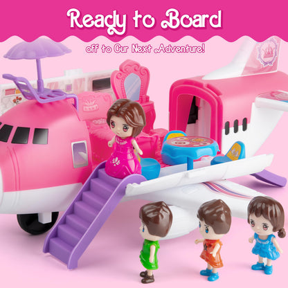XDUOYJOY Pink Airplane Toy for Kids, Plane Toys with Dolls, Furniture and Accessories for Boys Girls Birthday, Toy Aircraft Push and Go Action, Easy to Store