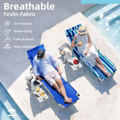 Yestomo 3-in-1 Sun Tanning Chair with Face Holes, Breathable Chaise Lounge Chair Outdoor, 5-Position Recliner, Lay Flat, Folding Side Table, Removable Pillow, Max 330lbs, Beach, Patio, Camping, Blue