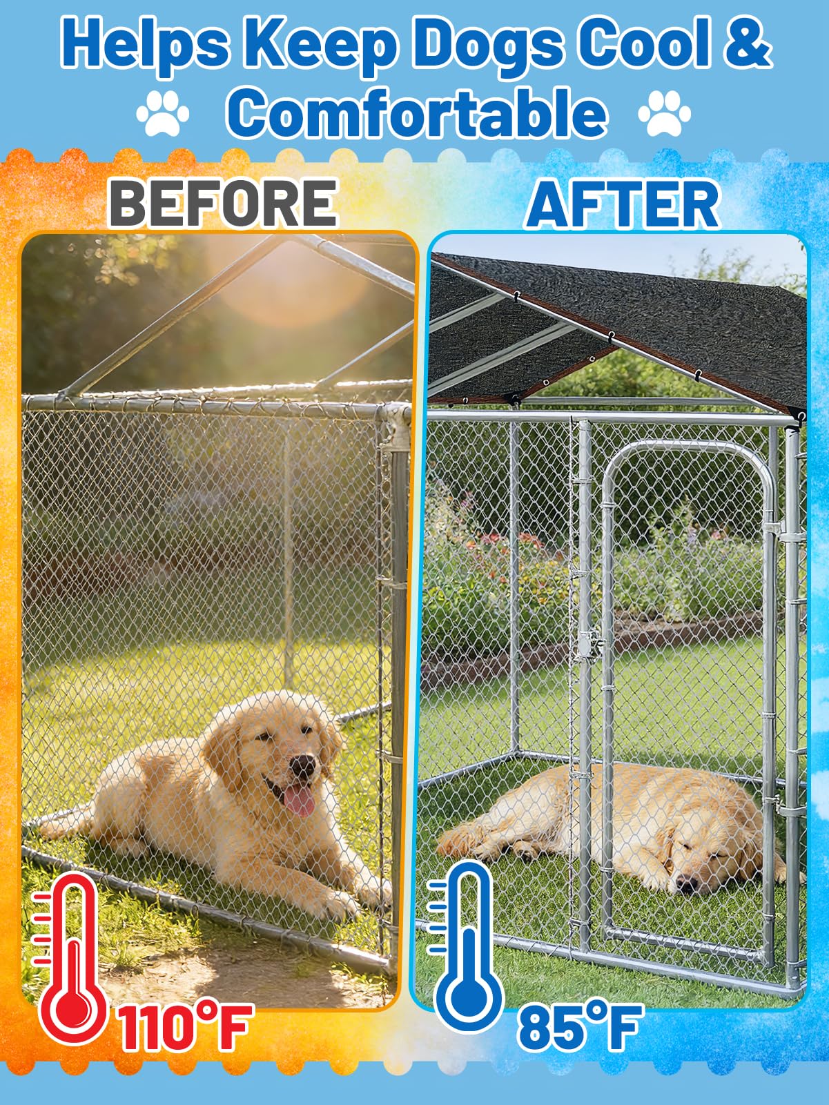 95% High Density Dog Kennel Shade Cover- 10 x 10ft Upgrade Mesh Shade Panel with Grommets- Dog Cage Sunblock Shading Cloth Net Mesh Tarp with Rope for Outdoor Dog House Large Pet Crate Chicken Coop