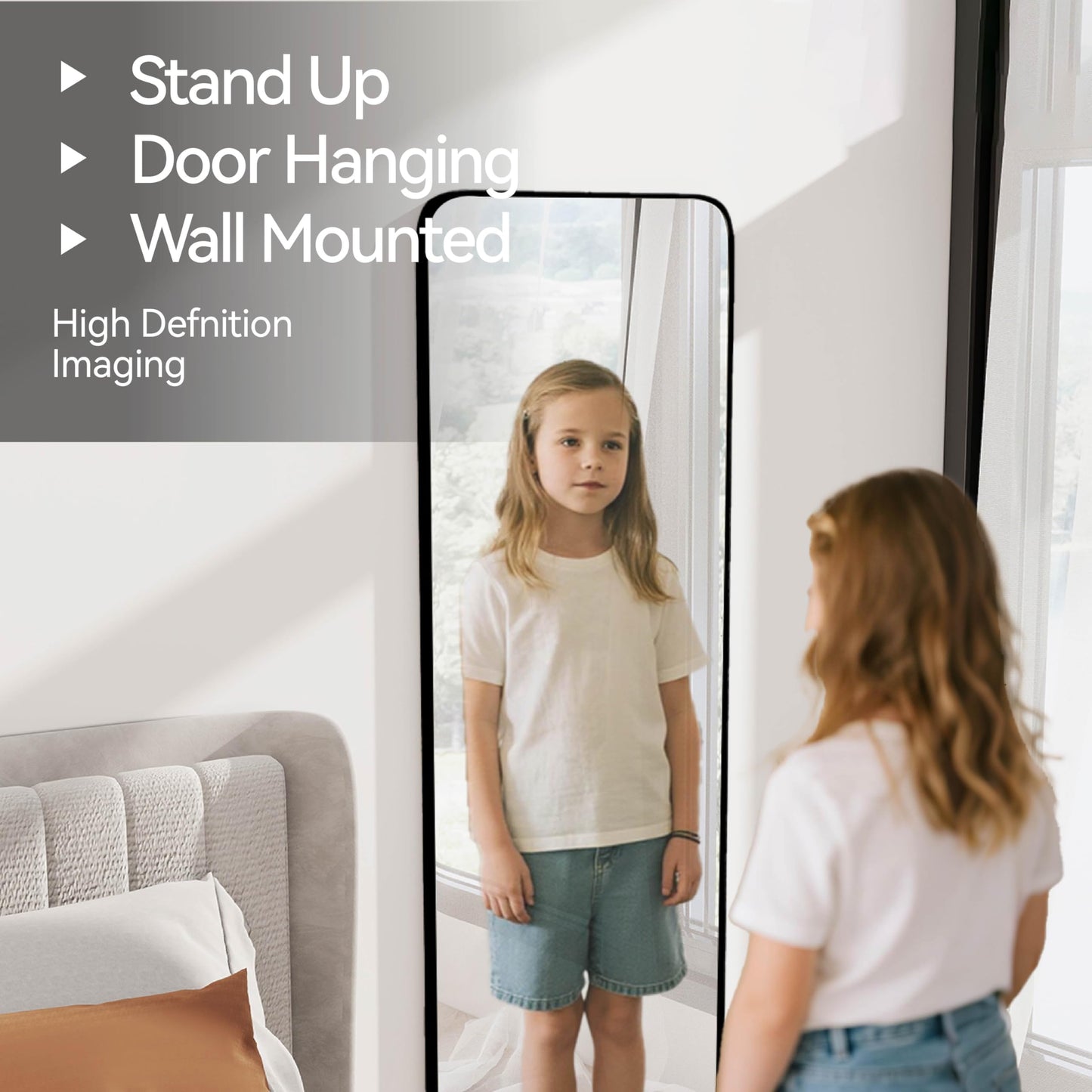 SCWF-GZ 57x20 Door Hanging Full Length Mirror, Floor Stand (Height 5.7ft just Body in1.3ft) Wall Mounted Metal Frame Rectangle Dressing Mirrors for Bedroom Living Room 57 inch Black