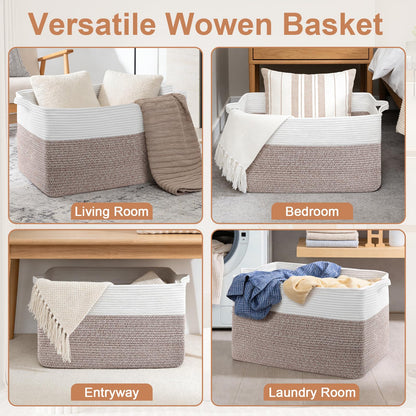 75L Extra Large Blanket Basket for Living Room - Cotton Rope Laundry Hamper Woven Baskets XXL Storage Bin with Handles for Dirty Clothes, Kids, Pets, Toys, Bedroom, 22" x 17" x 12", White & Brown