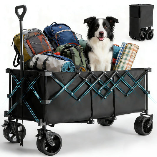 OLIXIS Collapsible Wagon Cart - 440lbs Foldable Extra Long Heavy Duty Utility Wagon with Wheels, Portable Storage Grocery Cart for Camping, Shopping, Sports, Beach, Garden (Black, 48" L)