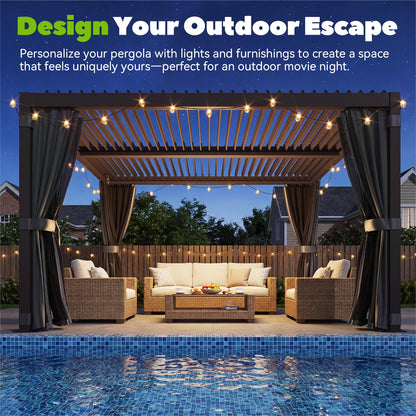MELLCOM Louvered Pergola 12x12, Steel Aluminum Pergola with Adjustable Louvered Roofs, Outdoor Gazebo with Waterproof Curtains and Nets, Black
