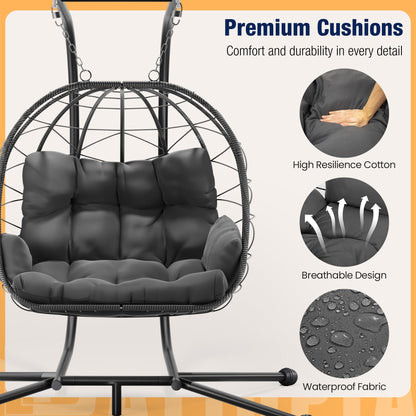 Pamapic 700 LBS Double Egg Chair Outdoor, UV Resistant Cushions Hanging Egg Chair with Armrests & Headrest, Thick Steel Frame Egg Swing Chair with Stand, for Relaxing & Reading Outside/Inside(Grey)