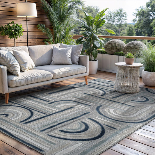 CAMILSON Indoor Outdoor Rug, Blue 5x7 Geometric Arch Striped Area Rugs for Patio and Home Areas, Easy-Cleaning Non-Shedding Living Room, Garden and Deck Washable Outside Carpet (5 x 7)