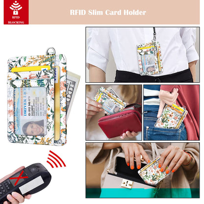 Coco Rossi Slim Front Pocket Wallet RFID ID Card Holder Cute Small Wallet with Wrist Lanyards Key Chain Holder for Women,White Flowers