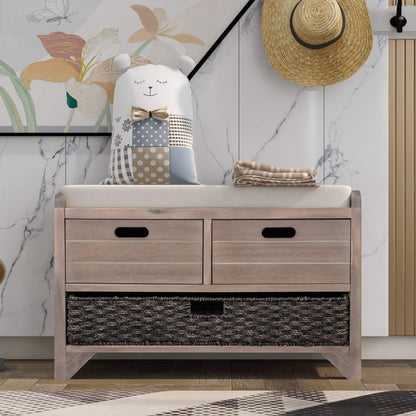 ROOMTEC 32″ Storage Bench with Removable Basket and 2 Drawers, Fully Assembled Shoe Benches with Removable Cushion for Living Room, Entryway, Bedroom, White Washed