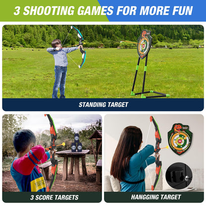 HYES 2 Pack Bow and Arrow for Kids, LED Light Up Archery Set with 24 Suction Cup Arrows, 1 Standing Target, 6 Score Targets & 2 Quiver, Indoor Outdoor Sport Gifts for Boys Girls Ages 4-8