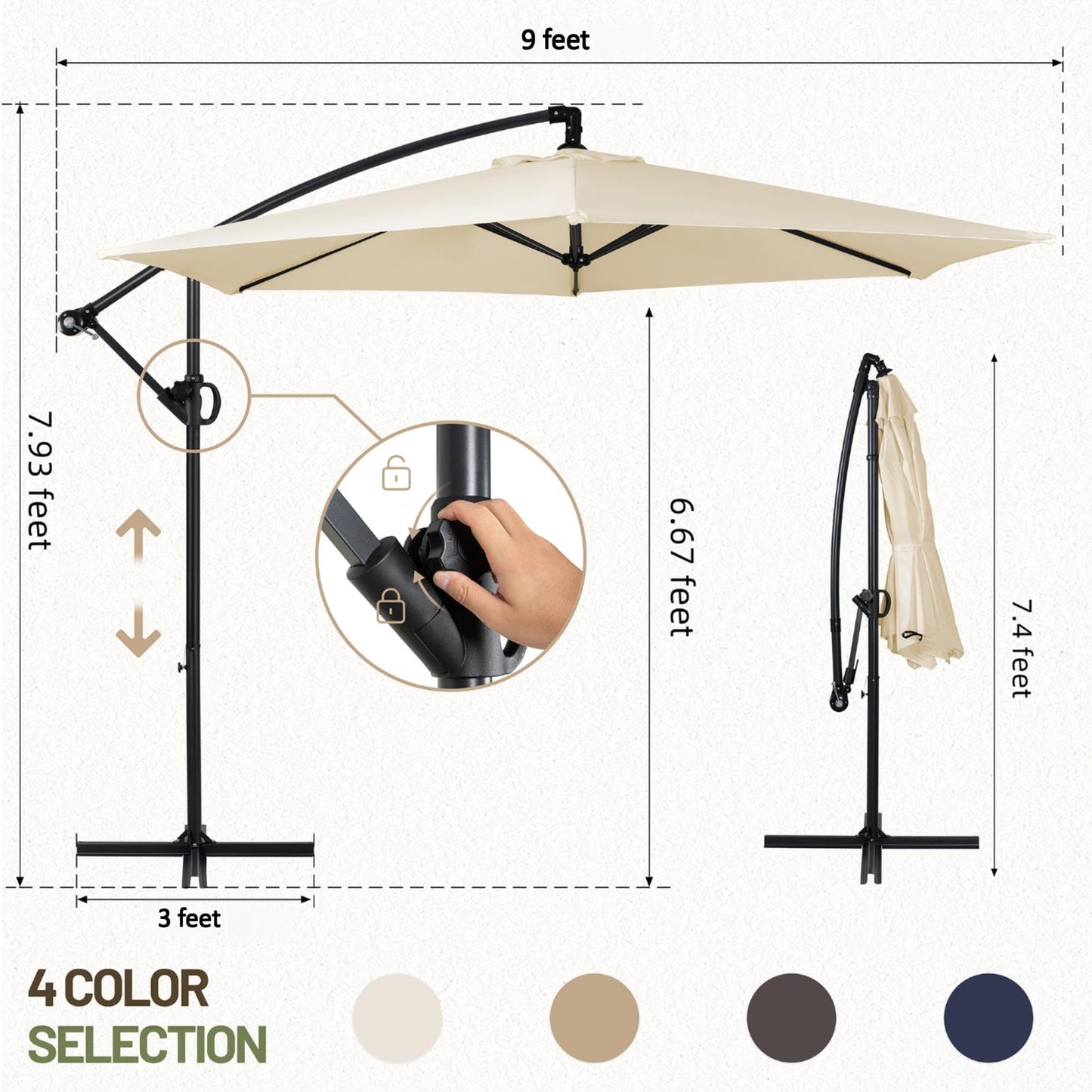 Cantilever Umbrella Patio Outdoor, Offset Hanging Patio Umbrella with Easy Lift & Tilt Adjustment, Crank and Cross Base, UV Protection Fade Resistant for Deck, Pool, Garden, Cream White