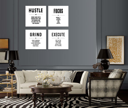 Hustle Execute Grind Focus White Motivational Canvas Wall Art,Abstract Inspirational Office Quotes Paintings Framed Wall Art for Living Room Bedroom Dinning Room Home Decor-12 x12 x4pcs