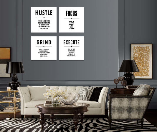Hustle Execute Grind Focus White Motivational Canvas Wall Art,Abstract Inspirational Office Quotes Paintings Framed Wall Art for Living Room Bedroom Dinning Room Home Decor-12 x12 x4pcs