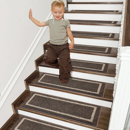 COSY HOMEER Soft Stair Treads Non-Slip Carpet Mat 28inX9in Indoor Stair Runners for Wooden Steps,Stair Rugs for Kids and Dogs, 100% Polyester TPE Backing 10pcs,Brown