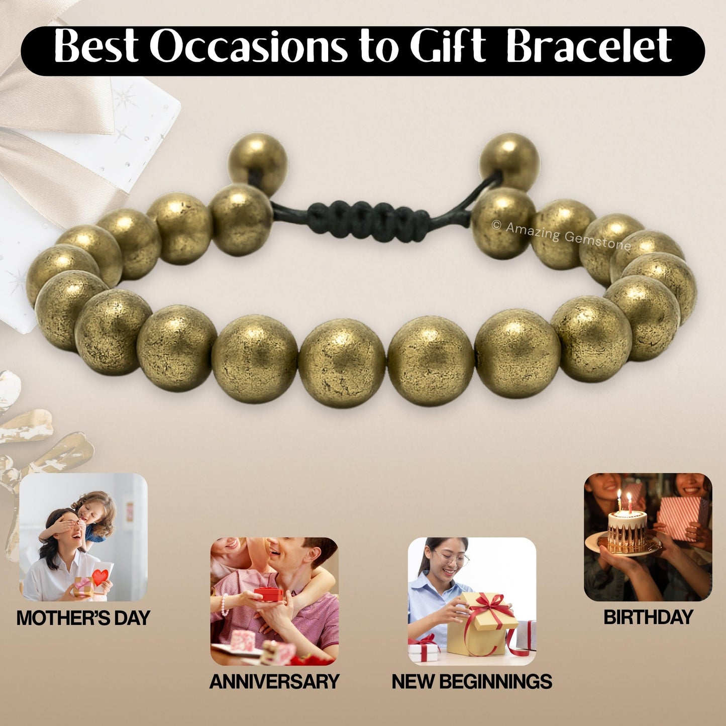 Amazing Gemstone Pyrite Bracelet, Gifts For Men & Women - Protection Healing Crystal Bracelet - 8mm Gemstone Beaded Adjustable Bracelet, Pulseras Para Hombres Mujer Stocking Stuffers
