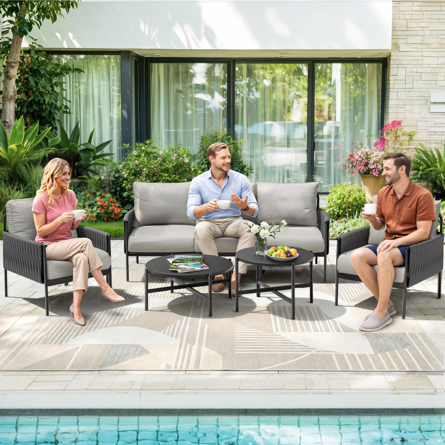 Pamapic 7-Piece Woven Rope Outdoor Furniture Set, Iron Frame Patio Conversation Set with Thick Cushions & 2 Coffee Tables, All-Weather Sectional Patio Furniture Set for Backyard, Porch, Grey