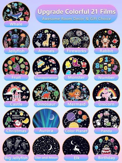 21 Sets of Films + Kids Night Light Projector, Projector Night Light for Kids Bedroom, Ceiling, Star Galaxy Projector with 360° Rotation, Dimmable for Baby Toddler Girl, Christmas, Nursery, Room Decor