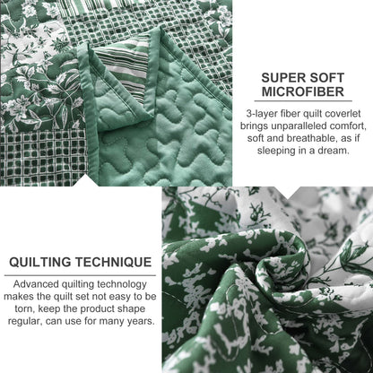 Mybedsoul Green Boho Queen Quilt Set, 3-Piece Reversible Soft Plaid Floral Bedding Set with 2 Pillow Shams - Sage Green Queen Size Quilt Bedspread Coverlet Set 90” x 96”