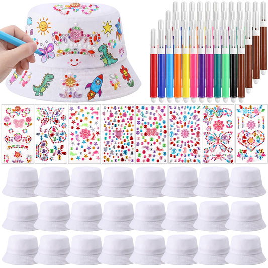 Cuffbow 50 Set DIY White Hat Bulk Includes 50 White Painting Bucket Hats 48 Colored Brushes 24 Crystal Diamond Stickers for Tie Dye, Outdoor Sports, Camp, Summer, Birthday