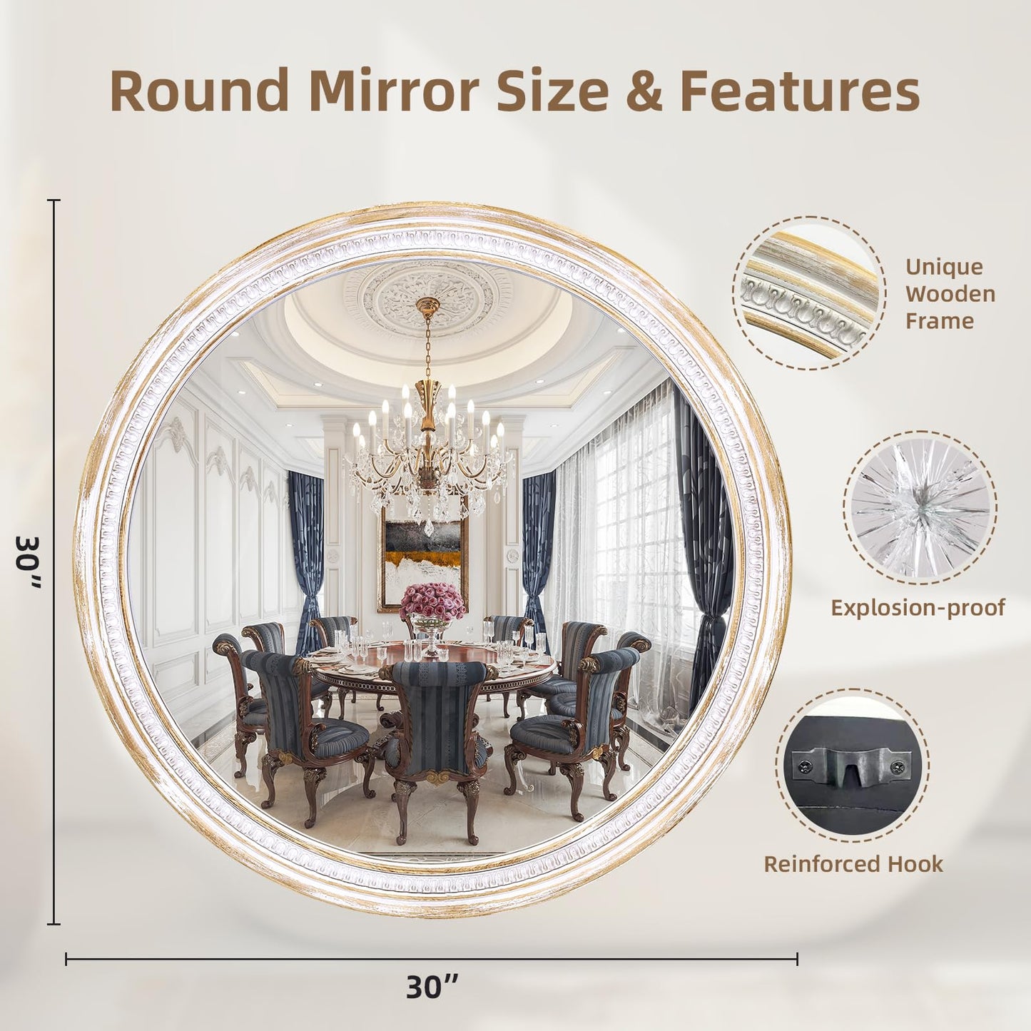 HOITUZYUS Farmhouse Round Wood Mirror 30 Inch, Rustic Boho Circle Decorative Mirrors for Bathroom, Living Room, Entryway, Bedroom, Hallway