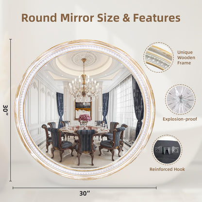 HOITUZYUS Farmhouse Round Wood Mirror 30 Inch, Rustic Boho Circle Decorative Mirrors for Bathroom, Living Room, Entryway, Bedroom, Hallway