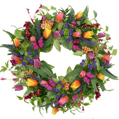 WreathDream 22 inch Spring Summer Wreath Tulip Wreath for Front Door with Purple Tassels, Eucalyptus Leaves, Ferns, Butterflies for Indoor Outdoor wall Festival Home Farmhouse Wedding Decor