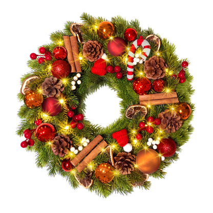 Quntis 16 Inch Christmas Wreath with 40 Lights 8 Modes, Lovely Christmas Door Wreath Decorations Artificial Xmas Wreath with PineCones Dried Lemon Pieces, Winter Wreaths Outdoor Porch Fireplace Window