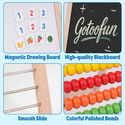 Gotoofun Wooden Abacus for Kids Math - Double-Sided Blackboard Whiteboard for Toddlers with 308 Magnetic Number & Fruit Cards, 100 Counting Sticks Montessori Educational Toys Homeschool Essentials