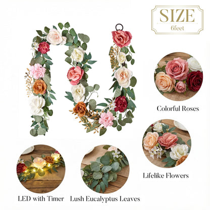 Valery Madelyn Pre-Lit Spring Flower Garland for Mantle with Lights, 6 feet Fake Roses Artificial Floral Vines Hanging Garland Decorations for Mothers Day Wedding Anniversary Party Table Home Decor