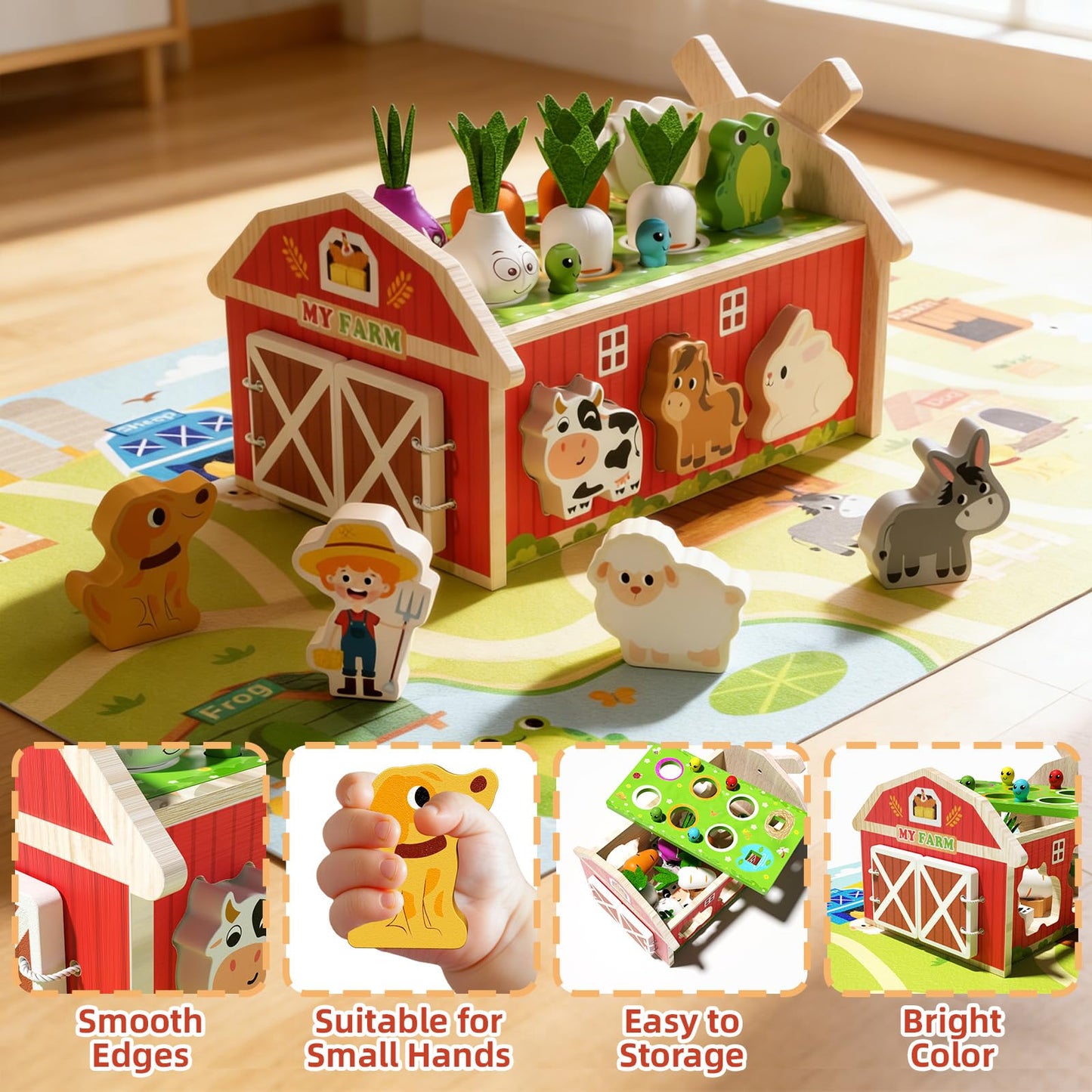 JAUNTY Montessori Toy for Toddlers 1 2 3 Years Old, Wooden Farm Shape Sorting Toy for Baby Boys Girls 1-3, Educational Learning Sensory Toy 1 Year Old Gift for 1st First Birthday
