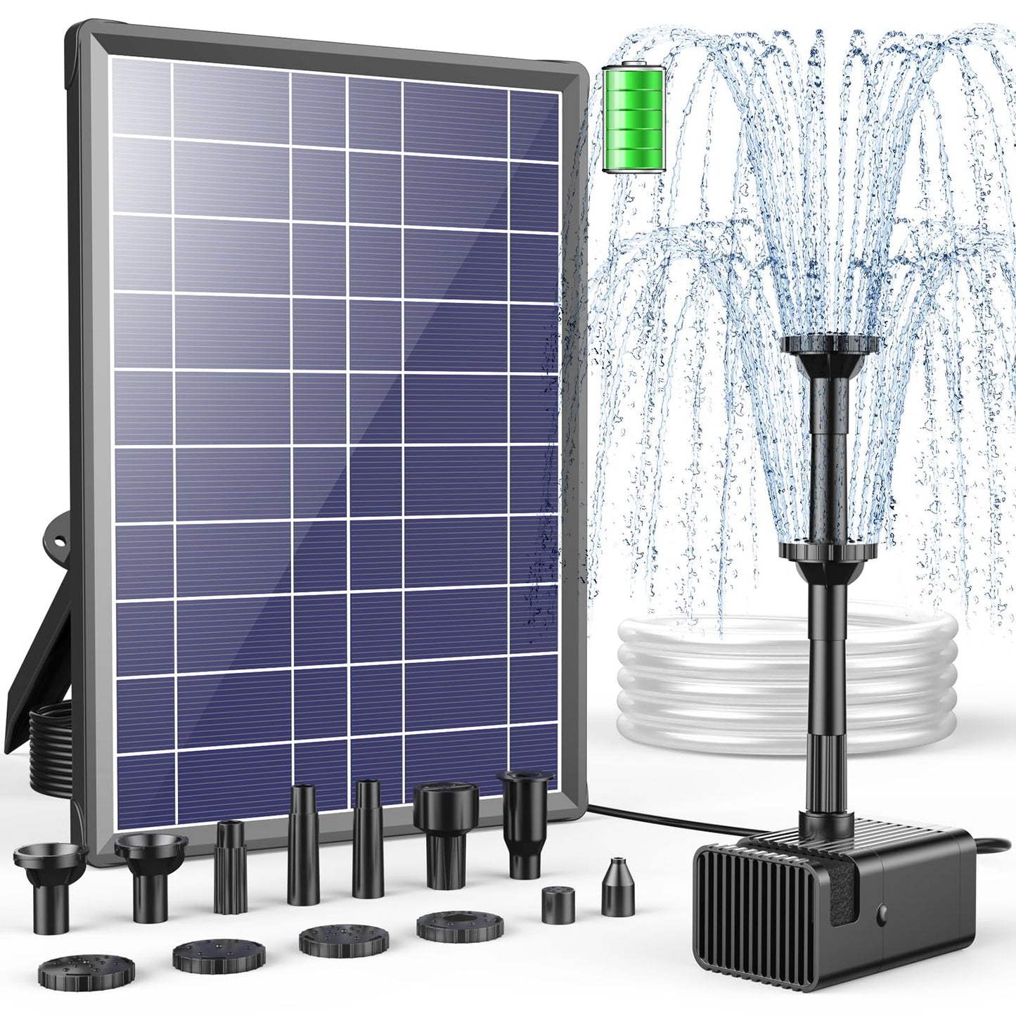 Antfraer 8W Solar Fountain Pump With 3600mAh Battery Backup, Solar Water fountain for Bird Bath with Double-Layer Nozzles & 5Ft PVC Tubing for Bird Bath Small Pond Waterfall DIY Features