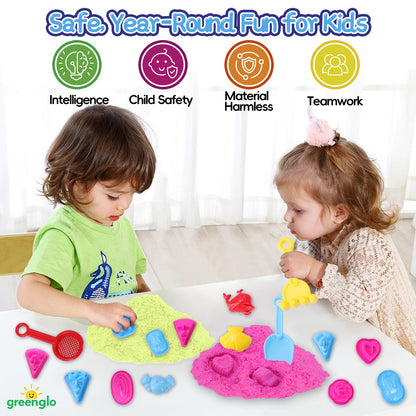 greenglo Kids Sensory Magic Sand Playset - 1.10 Lbs Color Sand Kit, 16 Pcs Molds (Cake/Dessert, car, sea Animal) & Tools, Ideal Sensory Bin for Boys & Girls Ages 3-8