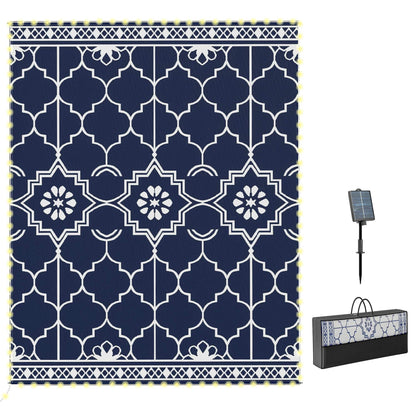Outsunny Reversible Outdoor Rug Carpet with LED Lights, 10' x 8' PP Straw Rug, Portable RV Camping Mat with Carry Bag and Ground Stakes for Backyard, Deck, Picnic, Beach, Dark Blue and White