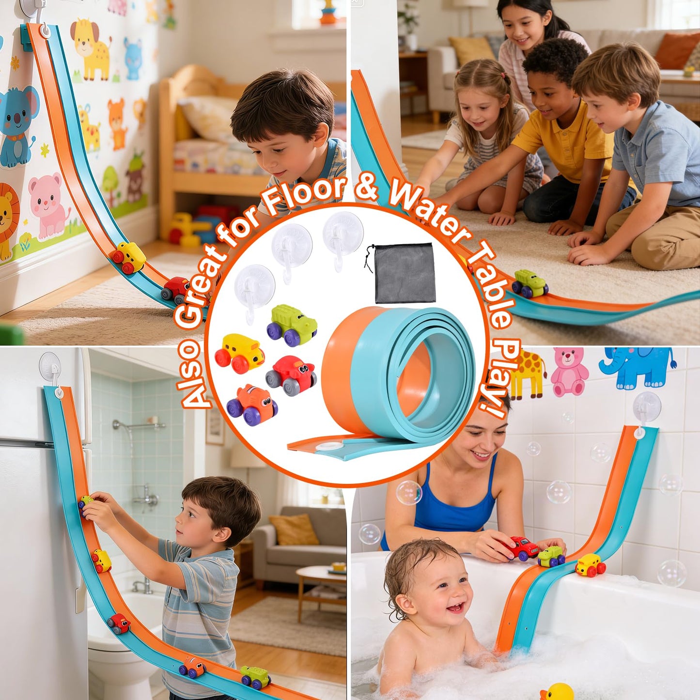 5 Ft Race Car Bath Toy Set, Toddler Bath Toys, Race car Set for Kids Ages 3+, Bathtub Time Birthday Gift for Boys & Girls, Including Mesh Storage Bag and 3 Suction Cup (Orange)