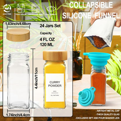 AISIPRIN Glass Spice Jars with 398 Labels, 24 pcs 4oz Spice Containers with Bamboo Lids, Square Spice Bottles With Shaker Lids,Spice Organization for Cabinet,Drawer,Rack,Seasoning Organizer