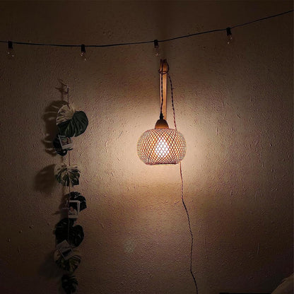 Frideko Bamboo Lantern Plug in Wall Sconces Wicker Wall Lamp with Plug in Cord Hand Woven Rattan Wall Light Farmhouse Rustic Wall Sconces Boho Sconces Wall Lighting for Living Room Bedroom