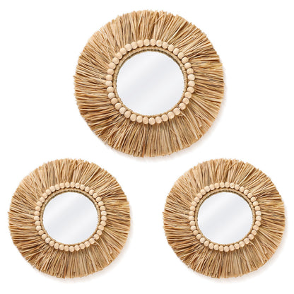 Gulfmew 3 Pcs Boho Raffia Mirror Wall Hanging Decor 15.8 Inch 11.8 Inch Rustic Round Boho Circle Mirrors with Wood Bead Farmhouse Aesthetic Nursery Mirrors for Bedroom Living Room Bathroom Wall Decor