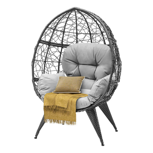 DWVO Oversized Egg Chair with Stand Rattan Outdoor Chairs, Large Lounger Chair with Cushion, Adjustable Leveling Feet, Egg Chair Indoor for Bedroom, Living Room, Outdoor Backyard, Patio, Garden, Grey