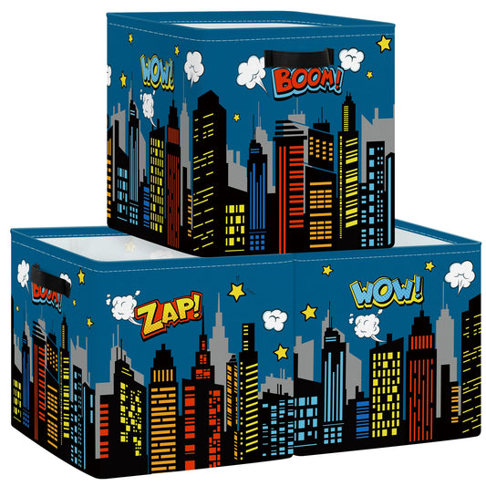 Clastyle Cityscape Hero Kid Storage Cube Organizer Set Skyline Building Silhouette Closet Clothes Cube Storage Bin Nursery Toddler Toy Box Chest Girl Boy Book Shelf Basket,Comic,11.8x11.8x11.8 in