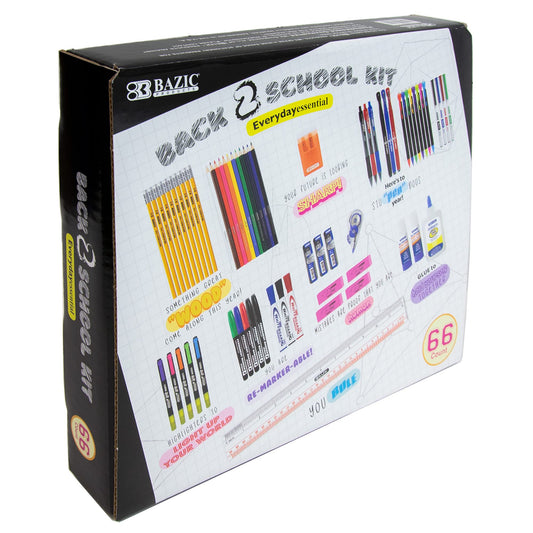 BAZIC PRODUCTS School Supplies Kit – 66 Piece Set for K–12 Students, Stationery Essentials with Colored Pencils, Markers, Pencils, Glue, Erasers, Highlighters, & Correction Tape, 1-Pack