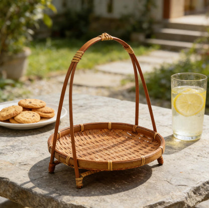 LABRIMP Bamboo Woven Basket with Handle 8.66X7.48X7.48In Rustic Snack Stand Fruit Dessert Organizer for Kitchen Countertop Storage and Party Display